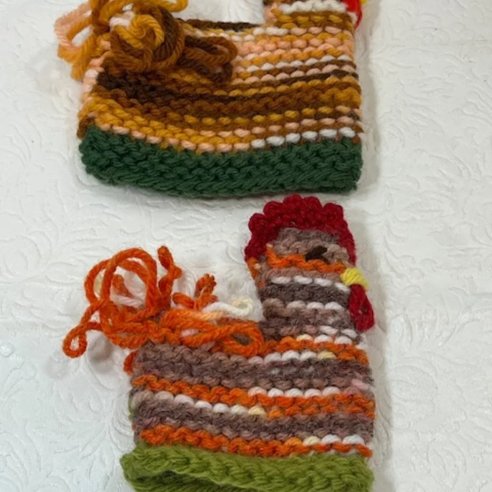 Two (2) Crocheted/Knitted Chicken/Hen Egg Cozies Covers Holder Decor 3